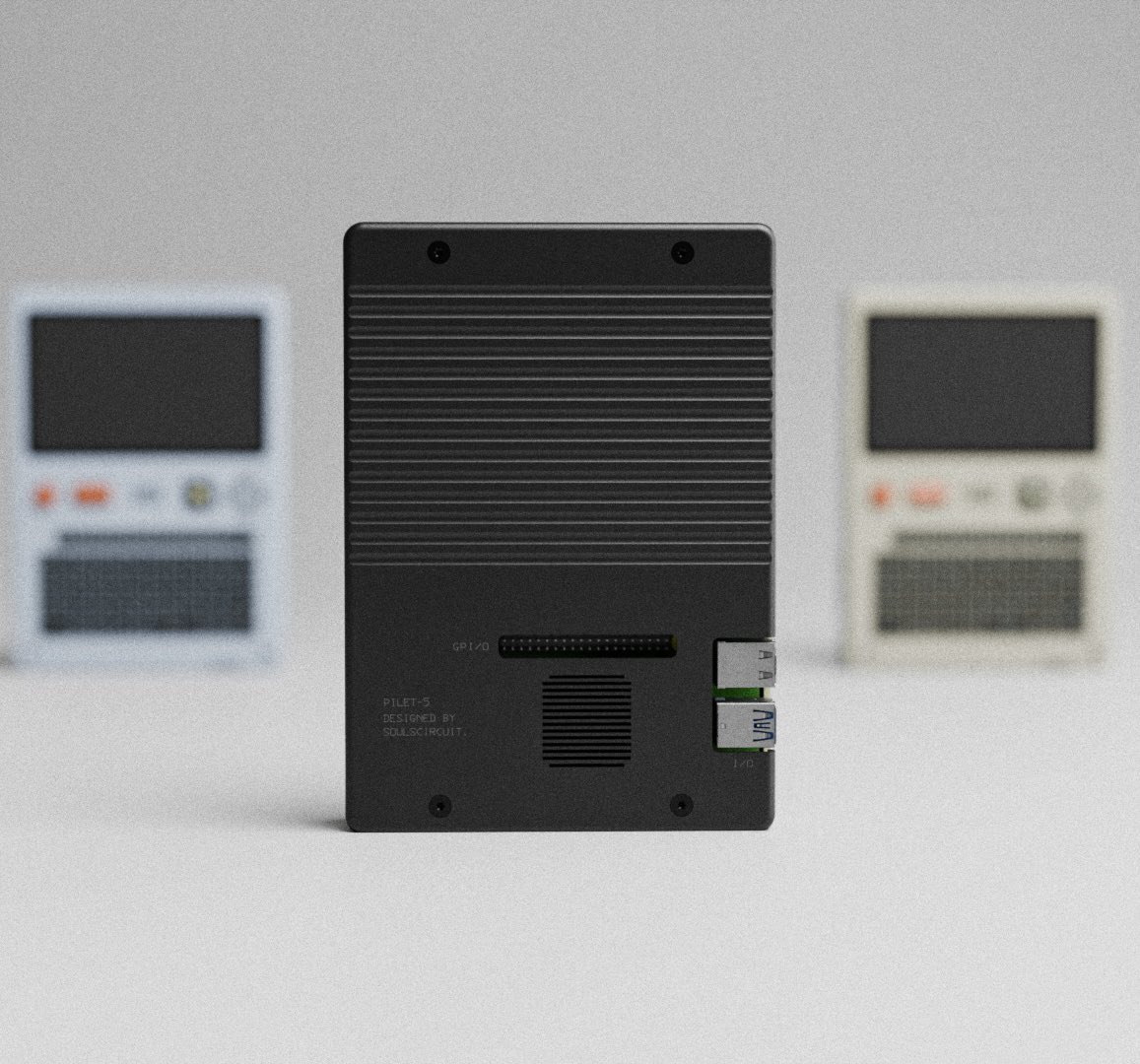 Here’s a look at the Pilet’s back panel design: CNC aluminum build, open access to the GPIO with a protective plastic cover, and perhaps a built-in kickstand to keep it propped up and ready to go.