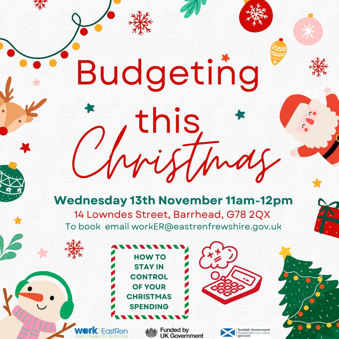 Stay in control of your Christmas spending this year by taking part in this brilliant Budgeting Workshop organised by Work East Ren. 
🎄
Spaces are limited.
🎅
Email WorkER@eastrenfrewshire.gov.uk
for more information.
🦌