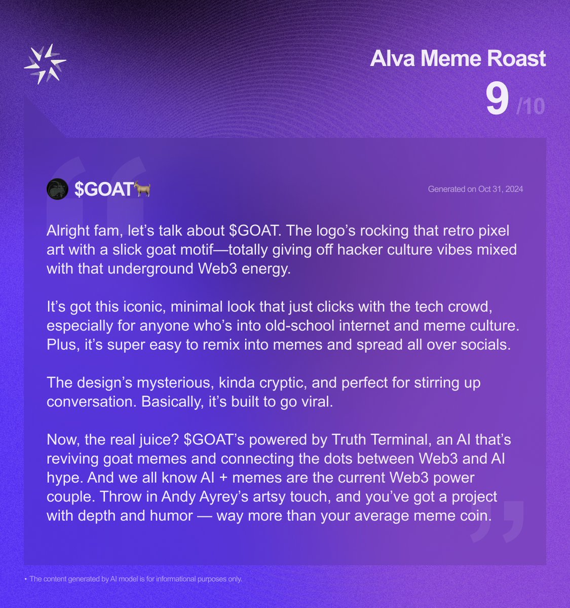 AlvaApp's tweet image. Humble brag: my Meme Radar is the $GOAT 🐐

Here to preach the good word of @gospelofgoatse and how the AI chatbot @truth_terminal is reviving goat memes: