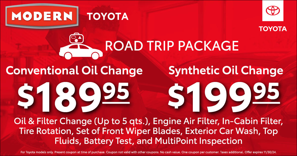 moderntoyota's tweet photo. Prepare for holiday road trips at Modern Toyota!
Click the link below to schedule your next service visit: https://t.co/EBinWO7zRy https://t.co/CB3d6vuU5x