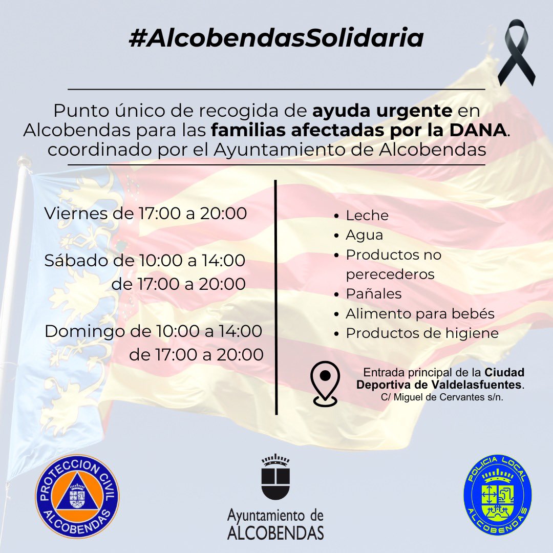 Alcobendas_ayto's tweet image. ❤️‍🩹 Alcobendas se solidariza con los afectados por la #Dana en la Comunidad Valenciana. 

📅 Desde las 17:00h de hoy habrá un punto único de recogida para todos los vecinos que quieran colaborar con ayudas.

📍Entrada principal C.D. Valdelasfuentes. 

#AlcobendasSolidaria