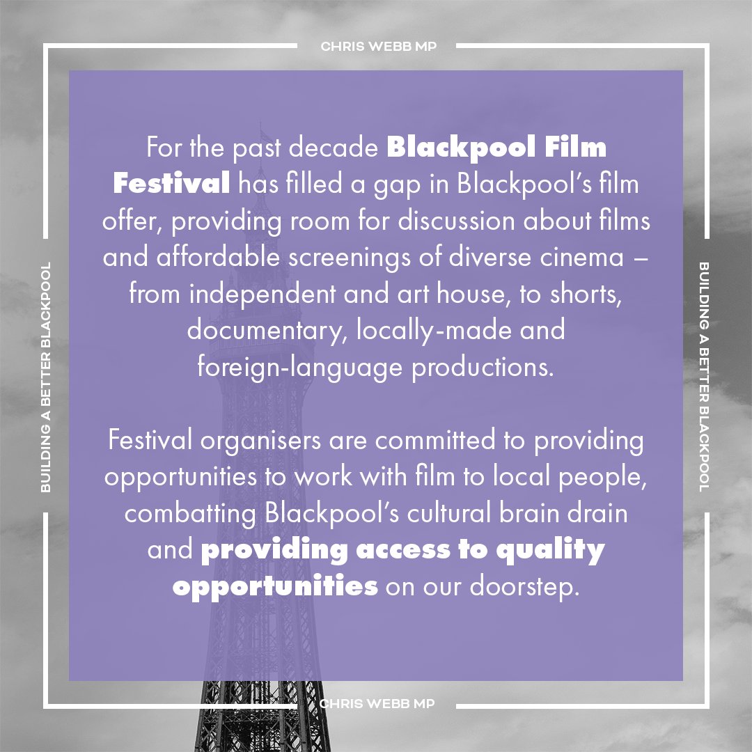 ChrisWebbMP's tweet photo. After attending its inaugural meeting this week, I joined the All-Party Parliamentary Group (APPG) for Film and Broader Screen. The group, which brings together cross-party MPs, is dedicated to promoting and enhancing the understanding of the British film industry, film culture and the wider moving image in the UK 🎬

This couldn’t have come at a better time as the Blackpool Film Festival kicks off across multiple Blackpool venues this weekend, including at @_AuntySocial_, @ShowtownBPL,  Backlot Cinema, @abingdonstudios and @GrundyBlackpool.

For the past decade @BPLFilmFest has filled a gap in Blackpool’s film offer, providing room for discussion about films and affordable screenings of diverse cinema – from independent and art house, to shorts, documentary, locally-made and foreign-language productions.

As part of the festival’s commitment to opening up opportunities for local talent, the main programme begins tonight at 6pm, with a Film Maker's mixer at the Backlot, hosted by the @BFI Network.

Festival organisers are committed to providing opportunities to work with film to local people, combatting Blackpool’s cultural brain drain and providing access to quality opportunities on our doorstep.

Learn more about Blackpool Film Festival and browse this weekend’s line-up here:

🔗 https://t.co/RbKtDXT4fN
