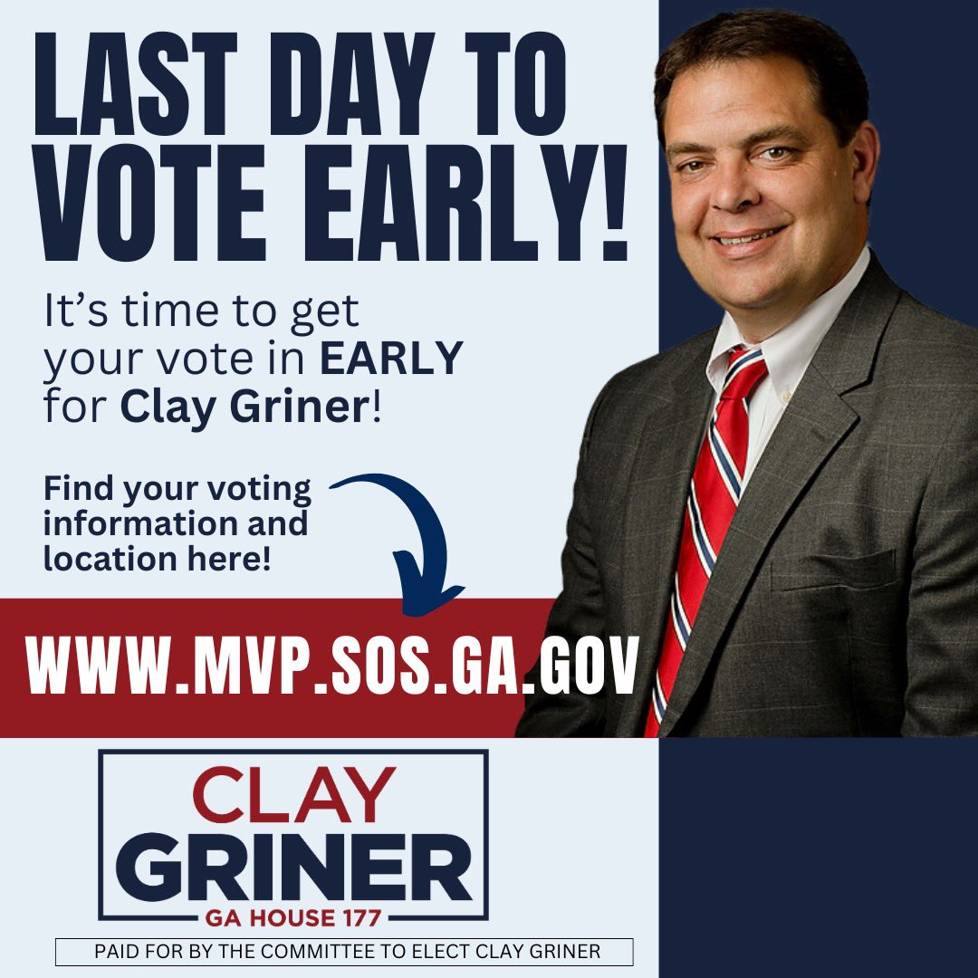 ClayGrinerForGA's tweet photo. Today is the LAST DAY to vote early in Georgia! Polls are open until 7:00pm, so make sure you make a plan and make your voice heard! https://t.co/z2p4glxYtK