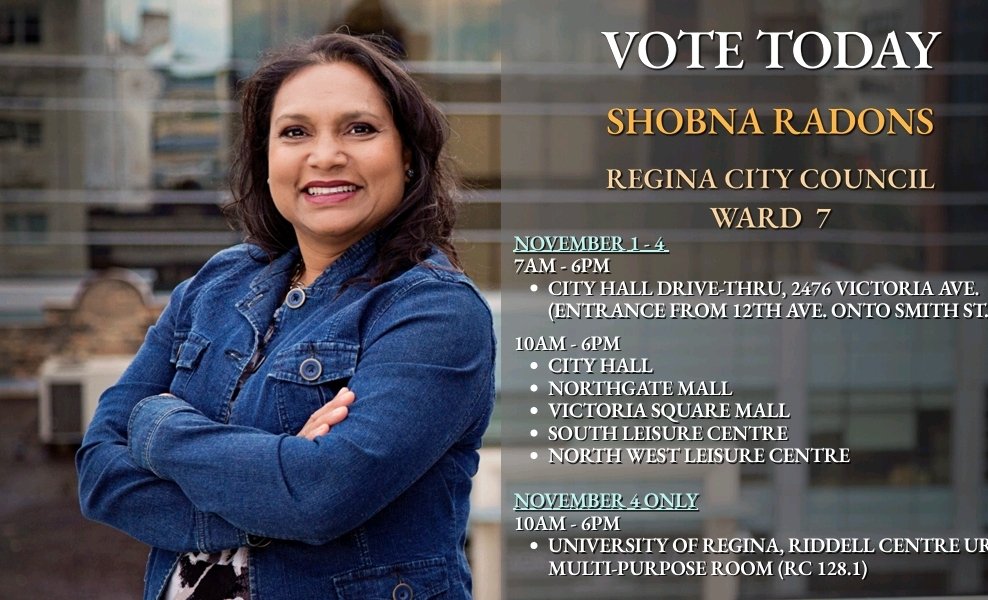 Advance Polls Are Open! 
November 1 - 4, 2024
Get out and vote Regina!
Cast your ballots early for Mayor, Ward Councillors, and School Board Trustees. Election day is November 13!
#reginaelections #ReginaVotes #communitysupport #communityevent #shobnaforward7 #shobnaforyqrcc