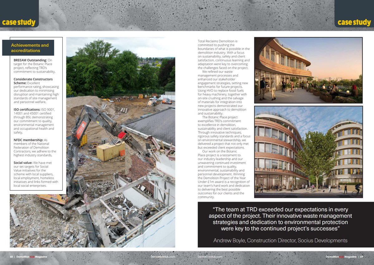 Exciting news! We've been featured in <a href="/DemolitionHub/">Demolition Hub</a> Magazine! 🏆 Winner of Demolition Project of the Year under £1M &amp; a detailed 📖 case study on Botanic Place, #Cambridge! 🎉 

Check it out! lnkd.in/e9WXnxfB

#Demolition #InnovationInDemolition #TeamTotal