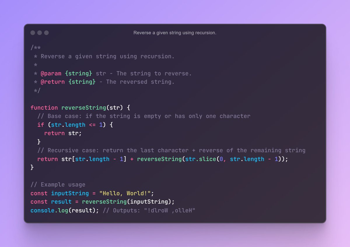 iamtazheeb's tweet image. ⚡Reverse a given string using recursion.
📝 04/12 : String Interview Question(s):
🎯 Day 12 of 75 Days Coding Interview Question (JS)
#javascriptcode #web #javascript #programming #coding #javascriptdeveloper #interviewquestion #tazheeb #tazheeb_shamsi #coding_question