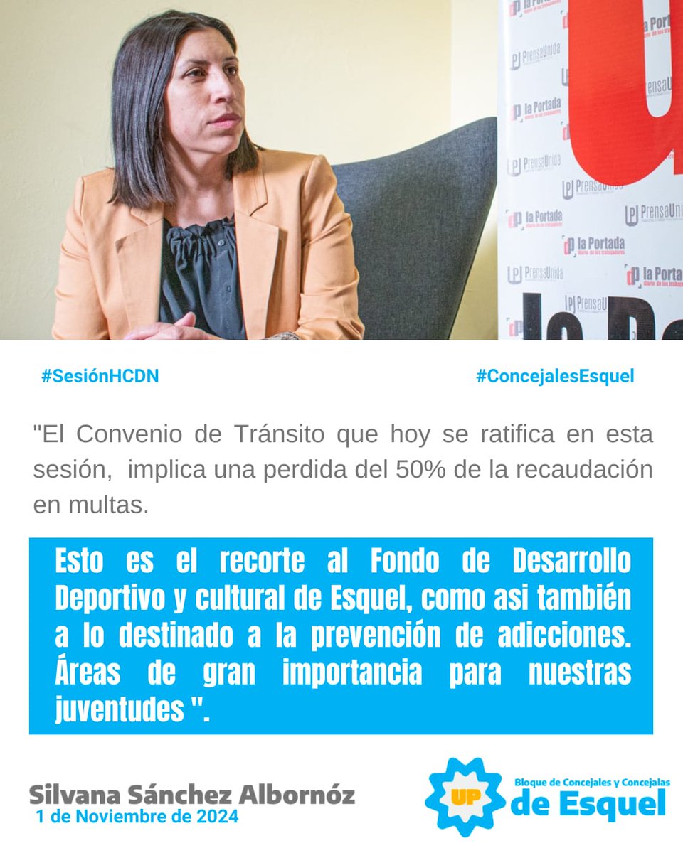 🎙️<a href="/silsanchezalbor/">Silvana</a>: "El Convenio de Tránsito que se ratifica en esta sesión, implica una perdida del 50% de la recaudación en multas, lo que también es el #recorte al Fondo de Desarrollo Deportivo y Cultural y la Prevención de Adicciones". 

#SesionHCDE
#ConcejalesEsquel