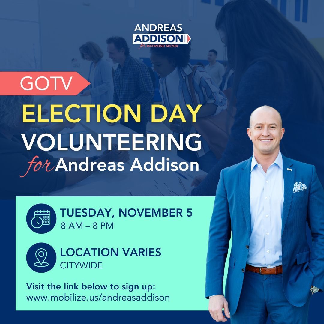 Election Day is almost here, and I need your support to get out the vote! Join me in this final stretch to connect with voters across our city. Sign up to volunteer mobilize.us/andreasaddison…