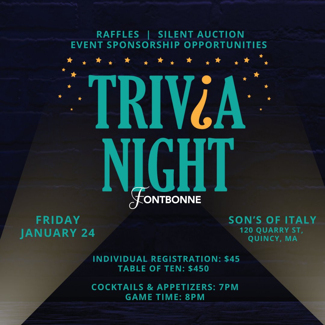 Grab your friends and put your knowledge to the test at Fontbonne's annual Trivia Night - hosted at the Sons of Italy in Quincy, Friday, January 26th, 2025. You won't want to miss this event!

Tickets are now available to purchase through the link in our bio. See you there!