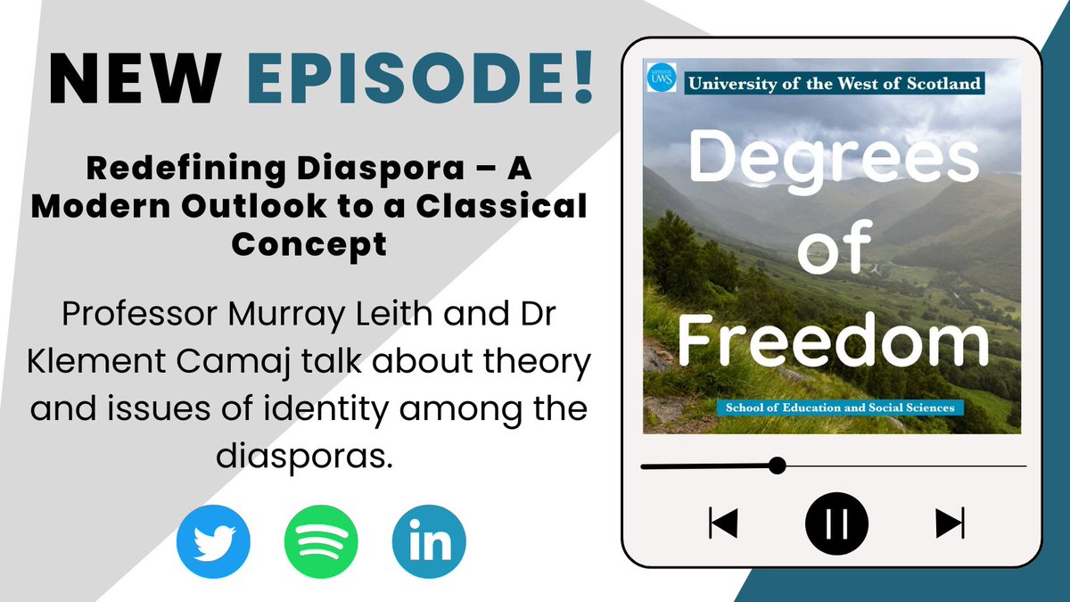 We have a new episode out today! 

In it, Professor Murray Leith and Dr Klement Camaj talk about theory and issues of identity among the diasporas.

Listen at: podcasters.spotify.com/pod/show/uws-e…

#degreesoffreedom #uws #ess #research