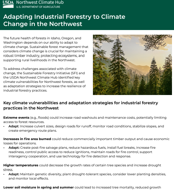 USDAClimateHubs's tweet photo. @sfiprogram partnered with the NW Climate Hub &amp; industrial foresters to identify key climate vulnerabilities &amp; develop adaptation strategies for industrial forests.
Check out our work &amp; factsheet ⬇️
https://t.co/qzwYWYP1A0 https://t.co/rSE3BbBt9t
