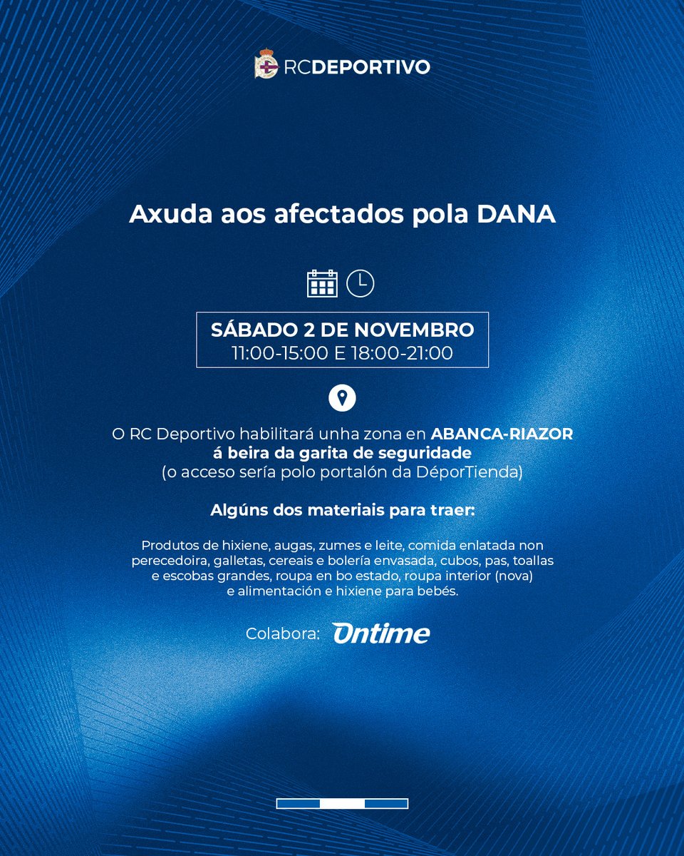 A Fundación RC Deportivo organiza unha recollida de produtos básicos para os afectados pola DANA.

📍 #ABANCARIAZOR 
🗓️ Mañá
⌚ 11:00 - 15:00h. e 18:00 - 21:00h.

Toda a info 👇
rcdeportivo.es/gl/novas/a-fun…