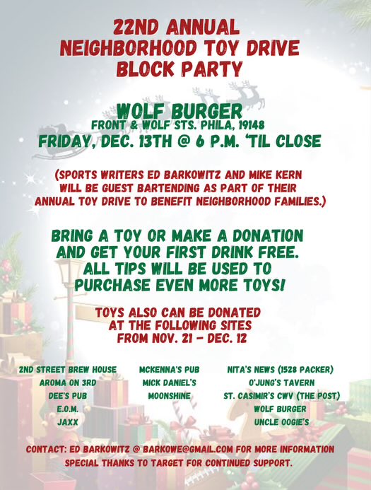 ‘Tis the season for the annual toy drive where ⁦<a href="/mikekerndn/">mike kern</a>⁩ and I fumble our way through an evening of guest bartending. Date is Friday, Dec. 13.

Gonna have tents extended into the street outside so it won’t be nearly as cramped. One of the best nights of the year.
