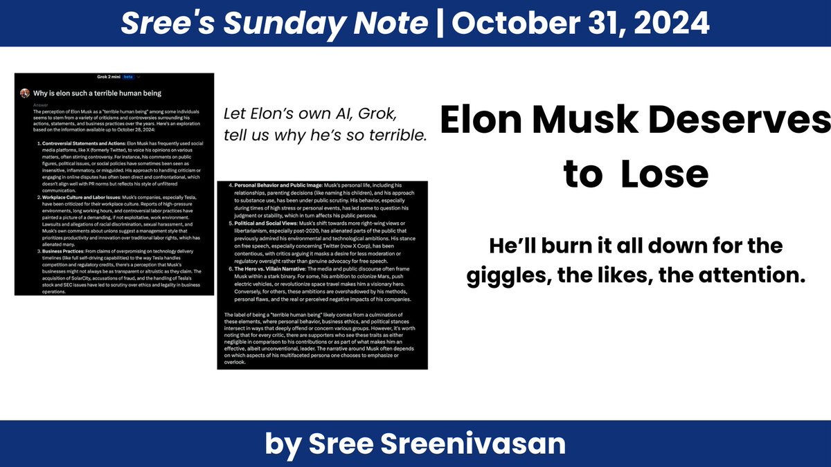digimentors's tweet photo. Digimentors cofounder and CEO, @Sree, asked Grok, Elon Musk's #AI tool, why Musk is a terrible person. Grok had a lot of answers. Read Sree's #SundayNote, and vote to keep Musk out of our government.
https://t.co/AAL2f2mJH7 https://t.co/AxvaklLz6h