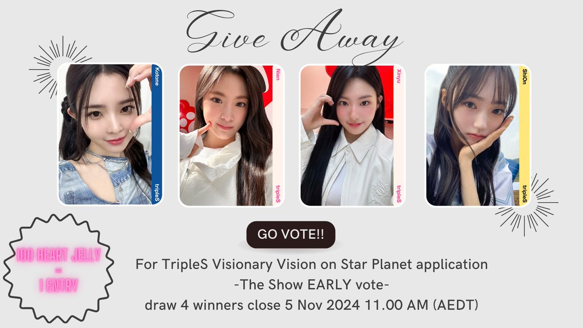 🍫  🎀  𝒢𝒾𝓋𝑒𝒶𝓌𝒶𝓎  🎀  🍫

- like &amp; retweet this post
- vote for triplesVV on the show EARLY - VOTE 
- drop proof + cosmo id
- 100 heart jelly = 1 entry

#triples #tripleSVisionaryVision #tripleSVV #Hit_the_Floor