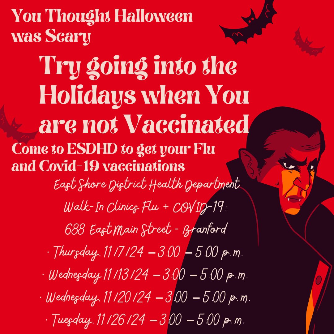 esdhd's tweet photo. Covid-19 and Flu vaccination clinics at ESDHD Thursday Nov. 7th 3- 5 pm • Wednesday 11/13/24 – 3:00 – 5:00 p.m.• Wednesday, 11/20/24 – 3:00 – 5:00 p.m.• Tuesday, 11/26/24 – 3:00 – 5:00 p.m. For more information go to: https://t.co/2WVlQVl0aB https://t.co/qe9Bql7ynp