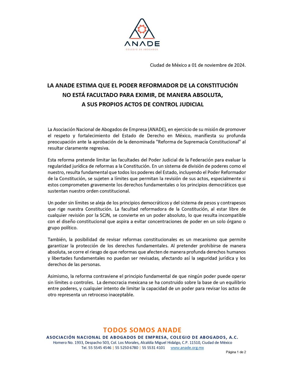 ANADEcolegio's tweet photo. La ANADE expresa su preocupación respecto a la reforma que pretende eximir de control judicial a los actos del poder reformador de la Constitución. 

La democracia exige equilibrio y control entre poderes para proteger nuestros derechos. 

#DefensaConstitucional #ANADE https://t.co/dgqQmSKhf4