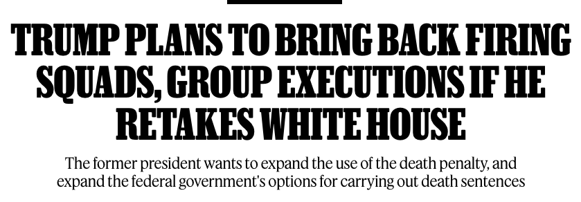 NewsJennifer's tweet photo. WHAT THE F*CK:

"Trump has talked about bringing back death by firing squad, by hanging, and,  according to two of the sources, possibly even by guillotine. He has  also, sources say, discussed group executions."
https://t.co/QcpZpi9Vfw https://t.co/c9Hc1MX3SC