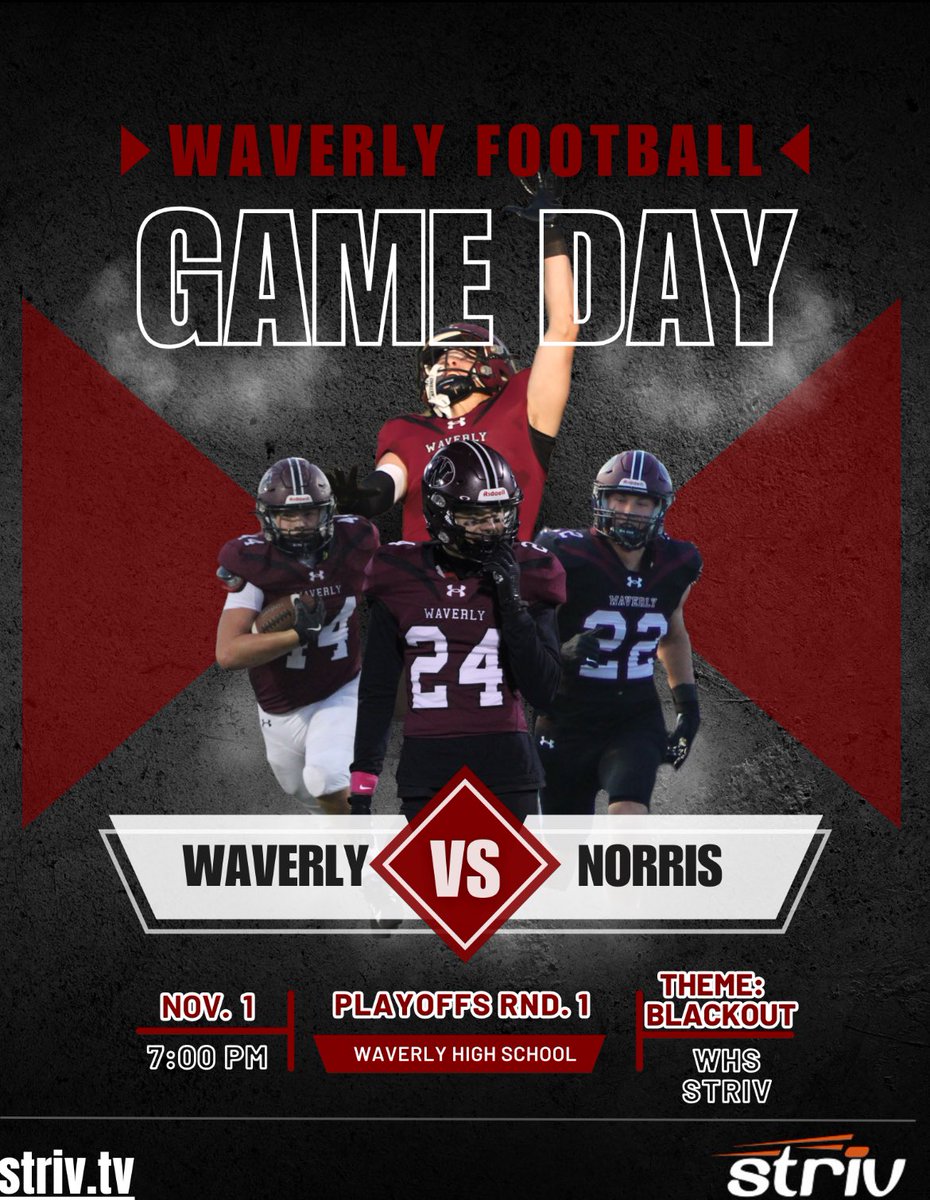 🏈GAMEDAY🏈
⚫️BLACKOUT⚫️
Good Luck to our football team as they host Norris, in the first round of the playoffs 🏈!!

striv.tv/channel/waverl…