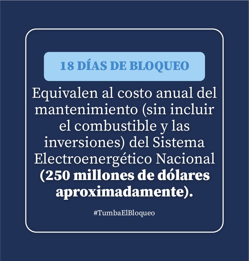 Nuestra batalla contra el bloqueo es diaria
Su impacto llega hoy a toda la economía cubana sobre todo en los servicios básicos de los cubanos 
El gobierno de EEUU lo sabe bien y lo intensifica porque piensa que es la única forma de doblegarnos 
#TumbaElBloqueo #AduanadeCuba