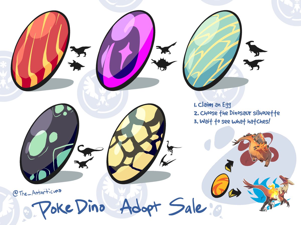 The_Antarticuno's tweet photo. 🚨🚨 Mystery PokeDino Adopt Alert - $30 🚨🚨

We’ve discovered 5 *mystery* eggs (slots) - each with the possibility of hatching into two very different PokeDinos! Once purchased these fellas are yours to keep! I wonder what might be in store for you?

DM me to claim yours today! https://t.co/nDQGTc5vXw