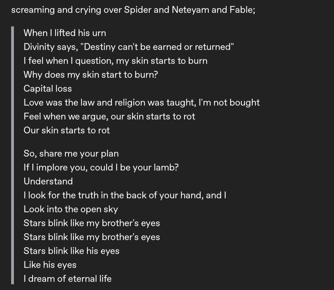 DirtyTransMasc's tweet photo. Fable โ the grief of a brother
{a thread - cross posted from Tumblr, cause it flopped and I'm sad about it}
#spidersocorro #neteyamsully #atwow (1/3) https://t.co/7pOEr9cP2c