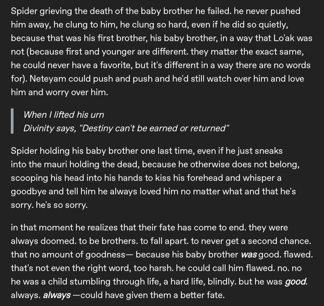 DirtyTransMasc's tweet photo. Fable โ the grief of a brother
{a thread - cross posted from Tumblr, cause it flopped and I'm sad about it}
#spidersocorro #neteyamsully #atwow (1/3) https://t.co/7pOEr9cP2c