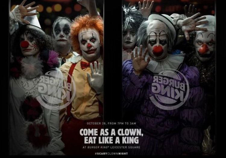 في حملة تسويقية مبتكرة وجريئة بالعام 2017، أطلقت #برجر_كنج تحدي خاص بمناسبة #الهالوين 🎃

وأعلنت أن أي شخص يجي إلى المطعم وهو لابس زي مهرج راح يحصل "مجانًا" على وجبة برجر Whopper! 🍔 

هذه الحملة ما كانت مجرد عرض ترويجي، بل خطوة استراتيجية استهدفت منافسهم المباشر #ماكدونالدز بشكل