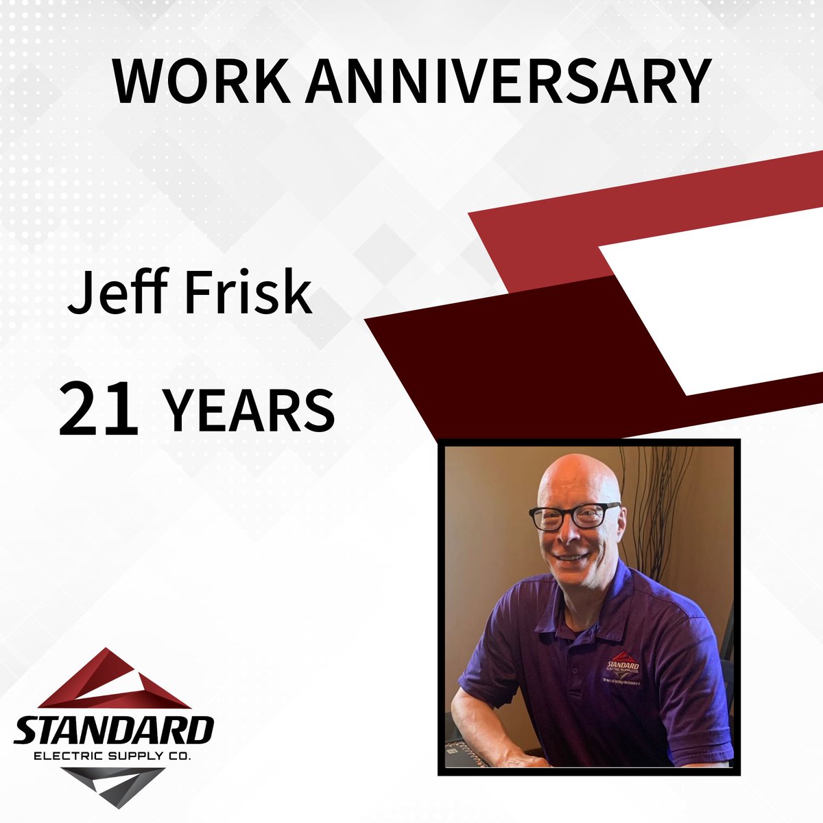 Congrats to Jeff Frisk, Standard Electric's Sales Operations &amp; Product Training Manager, on celebrating 21 years this month! Thank you for all you do, here’s to many more years.

#settingthestandard #workanniversary #associateappreciation