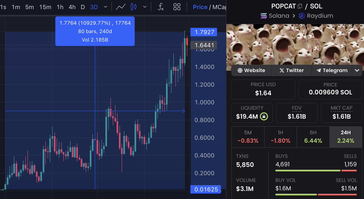 Back in Dec 23' I called $POPCAT at $16M MC

Now we are sitting at $1.79B, over 100x profit

I have just found another 100x gem 

Can't share with everyone as it's low cap, so will share with a few who:

Like, RT and comment with "100x"

24h results, must be following