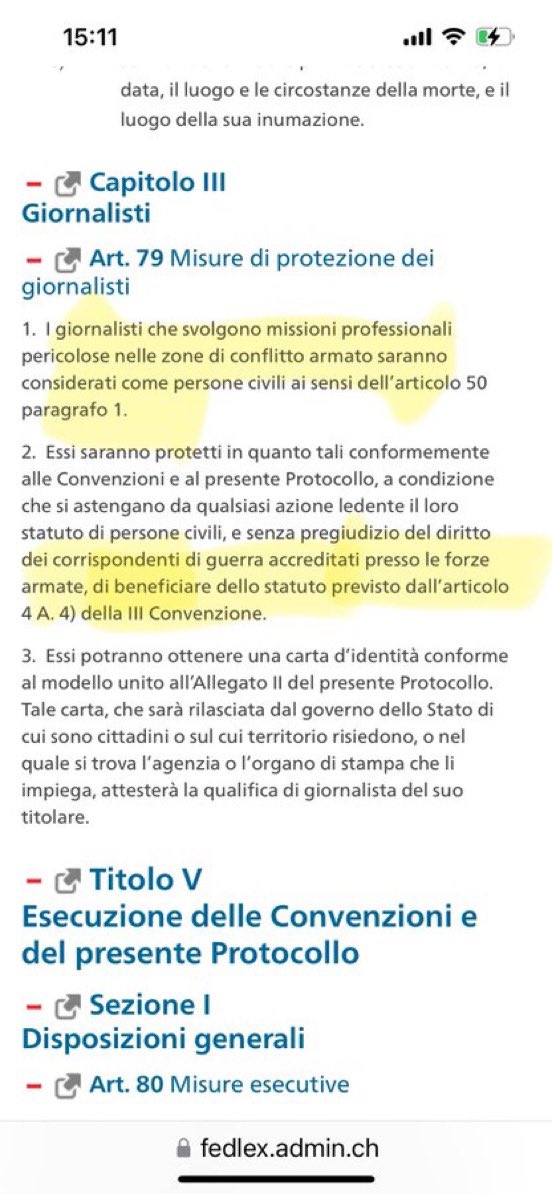<a href="/antoinelles/">Antonello Abbruzzese</a> <a href="/Tg1Rai/">Tg1</a> La convenzione di Ginevra (art.79) conferisce una protezione particolare ai corrispondenti di Guerra 
- devono essere giornalisti 
- devono ottenere un accredito  presso un Esercito
- vestire con colori differenti da quelli militari
Interra Convenzione qui
fedlex.admin.ch/eli/cc/1982/13…