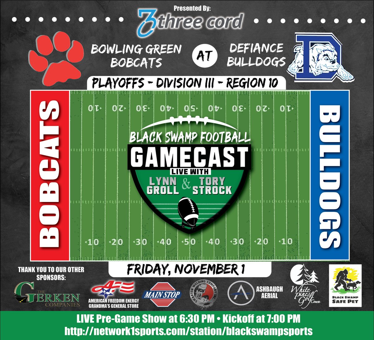 Playoff football is on the air tonight! <a href="/DefiBulldogs/">DefianceAthletics</a> hosting <a href="/BGHS_AD/">BGHS Bobcat Athletics</a> <a href="/bg_bobcatsFB/">BG Bobcats Football</a> tonight in a D-III, Region 10 bout from Fred Brown Stadium on our Gamecast presented by <a href="/3cordnapoleon/">Three Cord Napoleon</a> <a href="/pcdman/">Shane Hollenbaugh</a>. Victor advances to play Benedictine or Tiffin Columbian in the regional