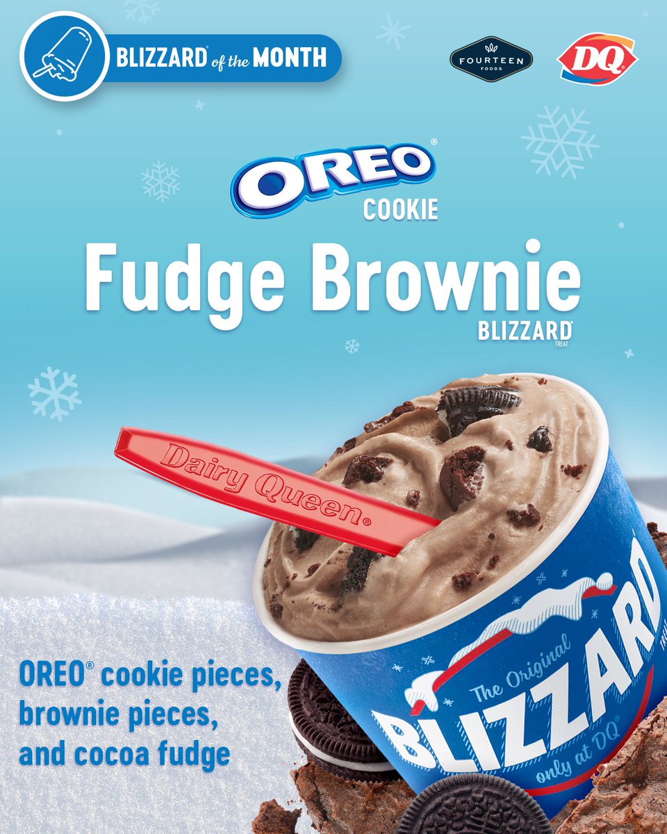 It's officially November and you know what that means? We're giving the spotlight to our Oreo Fudge Brownie BLIZZARD! Dive into this creamy vanilla treat with rich fudge and crunchy Oreo pieces all month long!

#OreoFudgeBrownie #FourteenFoods #DairyQueen