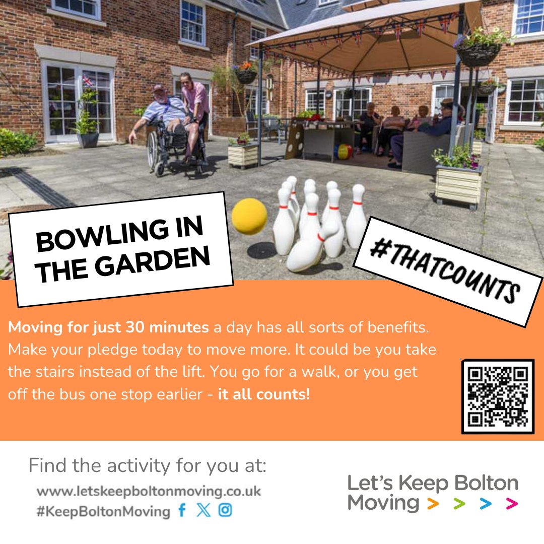 PH_Bolton's tweet image. Strike! 🎳 Fun in the sun and staying active go hand-in-hand at our home. Even a little bit of movement makes a big difference.
Join the #KeepBoltonMoving pledge and find an activity you enjoy! 😊 #ThatCounts
➡️ letskeepboltonmoving.co.uk