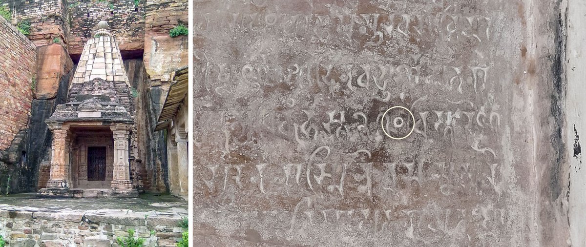 QuantaMagazine's tweet image. Inside the Chaturbhuj Temple in India (left), a wall inscription features the oldest known instance of the digit zero, dated to 876 CE (right). 
quantamagazine.org/how-the-human-…