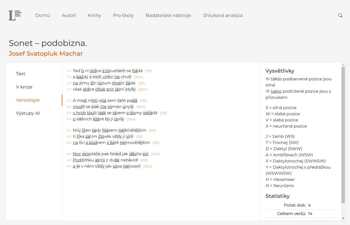 TZ: Tisíce českých básní lze číst a zkoumat online, nyní i s pomocí AI

Česká elektronická knihovna nabízí v plnotextové podobě 1700 knih poezie 748 autorů a řadu nástrojů, jak tisíce textů zkoumat. Ve zcela novém webovém rozhraní přibyly i další funkce.

ucl.cas.cz/tiskove-zpravy/