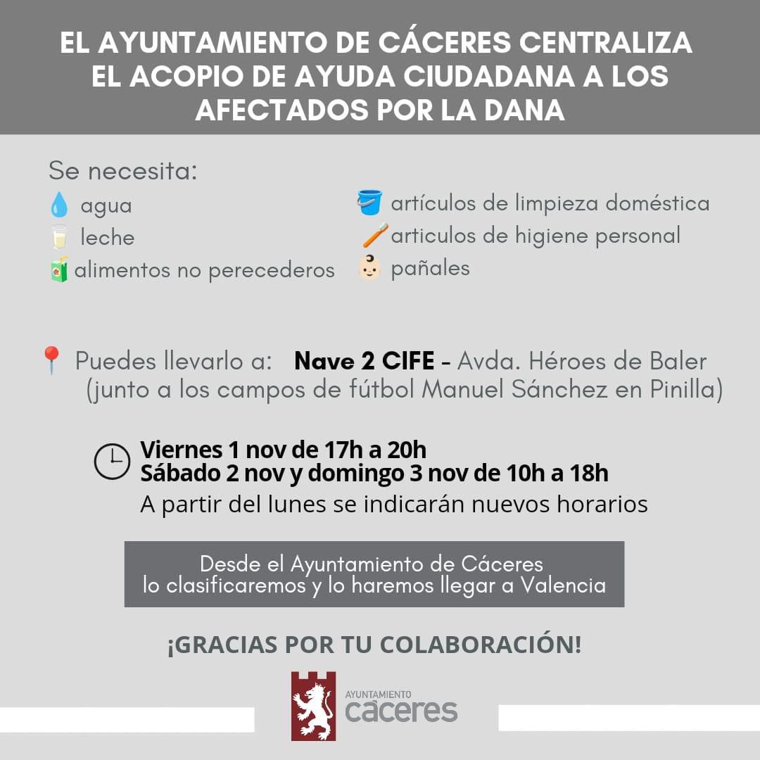 CPCacerenoSAD's tweet photo. El @Ayto_Caceres ha habilitado un punto de recogida de material para los afectados por la DANA.

📍 Nave 2 CIFE (Avda.Héroes de Baler, junto al campo de Pinilla).
📅 Hoy (17 a 20 horas). Sábado y domingo (10 a 18 horas). https://t.co/egw8UZY62M