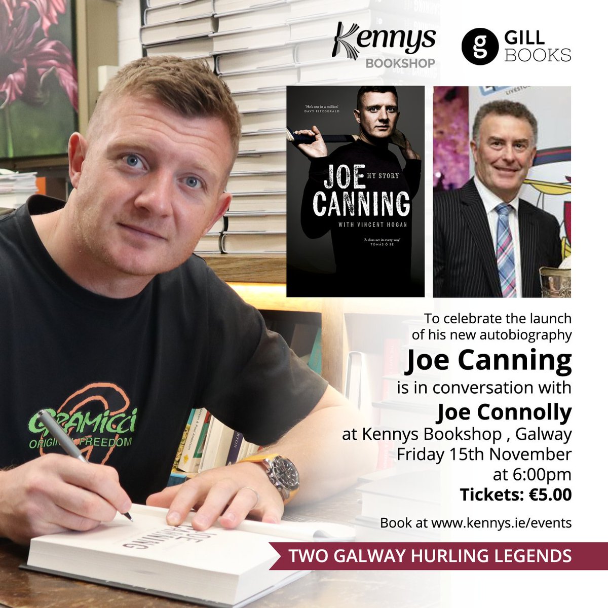 Upcoming event with Joe Canning! On Friday, November 15th at 6pm, Joe will be interviewed by another Galway hurling legend, Joe Connolly at Kennys Bookshop, in celebration of his new biography. Tickets are €5 and this is one not to miss! <a href="/JoeyCan88/">Joe Canning</a> kennys.ie/events/joe-can…