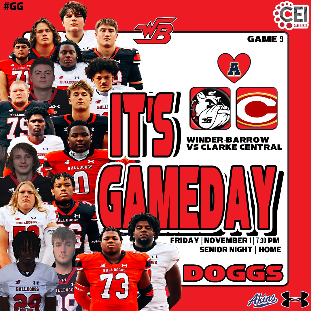 WBDoggsFB's tweet photo. IT IS...

GAMEDAYYYYY!!!!

SENIOR NIGHT

👤CLARKE CENTRAL
📅FRIDAY
🏟️W. Clair Harris Stadium
🏢 Cable East

TICKETS:
https://t.co/Y82QmgfmiN

#GG 
#DOGGS
#CHEEstrong
#BarrowStrong https://t.co/GhftnUnaFh