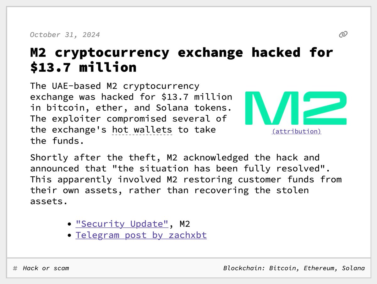 M2 cryptocurrency exchange hacked for $13.7 million October 31, 2024