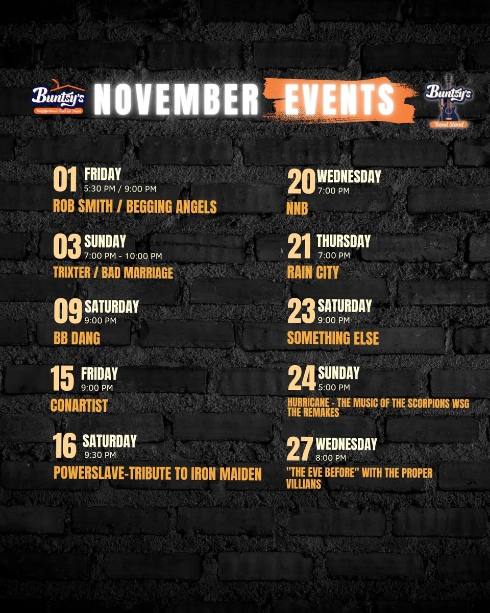 buntsys's tweet photo. November is set to be unforgettable with our lineup of live music! 🎤 Who's ready for some fun?

Check out our online music calendar to see who's performing at 🎸 https://t.co/zdc2RZZrvz https://t.co/4XgJX7YL2E