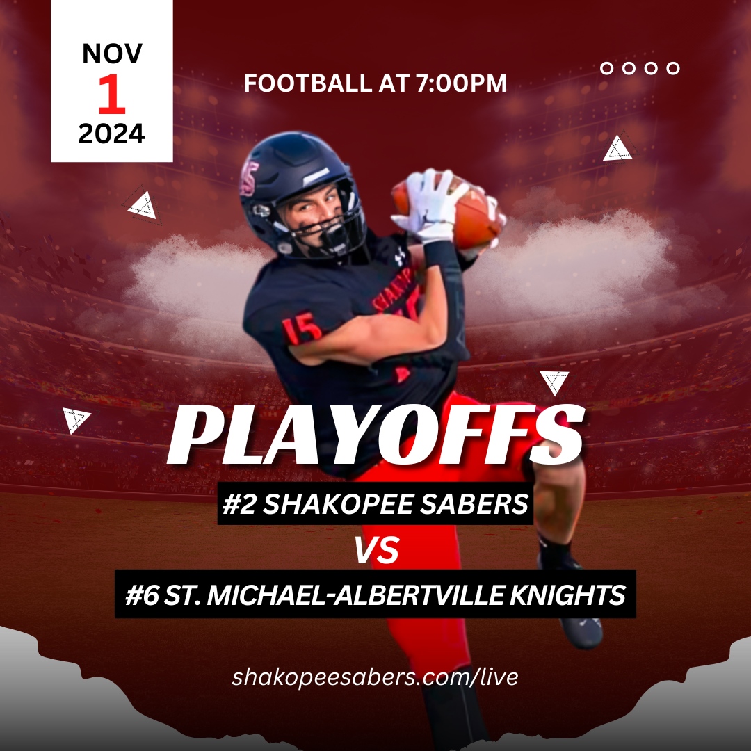 SabersLive (@saberslive) on Twitter photo 🏈 <a href="/SaberFootball16/">Shakopee Football</a> vs. <a href="/StmaFB/">Knights Football</a>! Battle of grit and skill this Friday! 🗓️ Nov 1, 7 PM. Catch the action on: prepspotlight.tv/mshsl 🏆
#ShakopeeSabers #STMAKnights #MNFootball #GameDay 🏈 <a href="/SaberFootball16/">Shakopee Football</a> vs. <a href="/StmaFB/">Knights Football</a>! Battle of grit and skill this Friday! 🗓️ Nov 1, 7 PM. Catch the action on: prepspotlight.tv/mshsl 🏆
#ShakopeeSabers #STMAKnights #MNFootball #GameDay