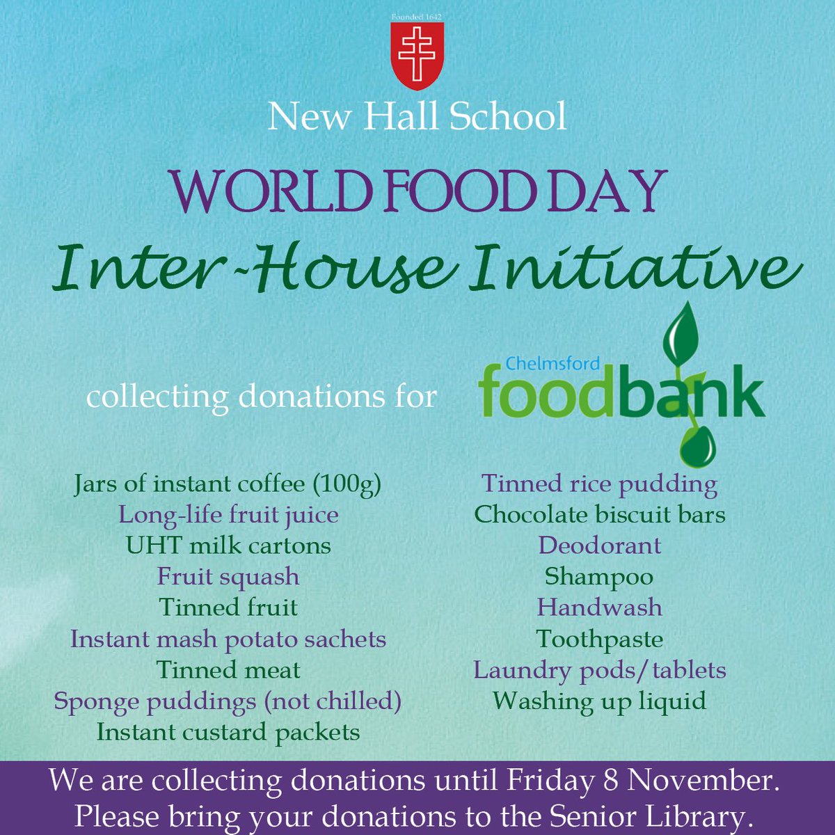 We are repeating our World Food Day initiative, which saw 1,100 items collected for our local Chelmsford Foodbank last year! Please bring any donations to the Senior Library by Friday 8 November, and help make a difference in our local community 💚🤍