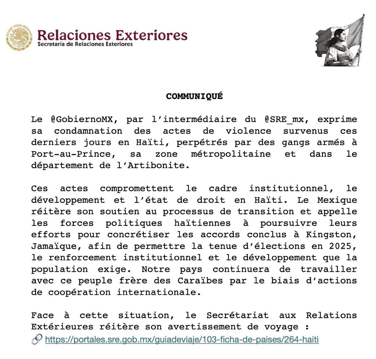EmbamexHaiti's tweet photo. Communiqué du Gouvernement du Mexique concernant la situation en Haïti. https://t.co/hgj2X8bgNc