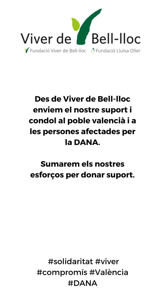 Vivelloc's tweet photo. ⚫️ Fundació Viver de Bell-lloc volem enviar tot l'escalf a totes les persones i a les famílies afectades per la #DANA.

#Valencia https://t.co/0uHwsygudo