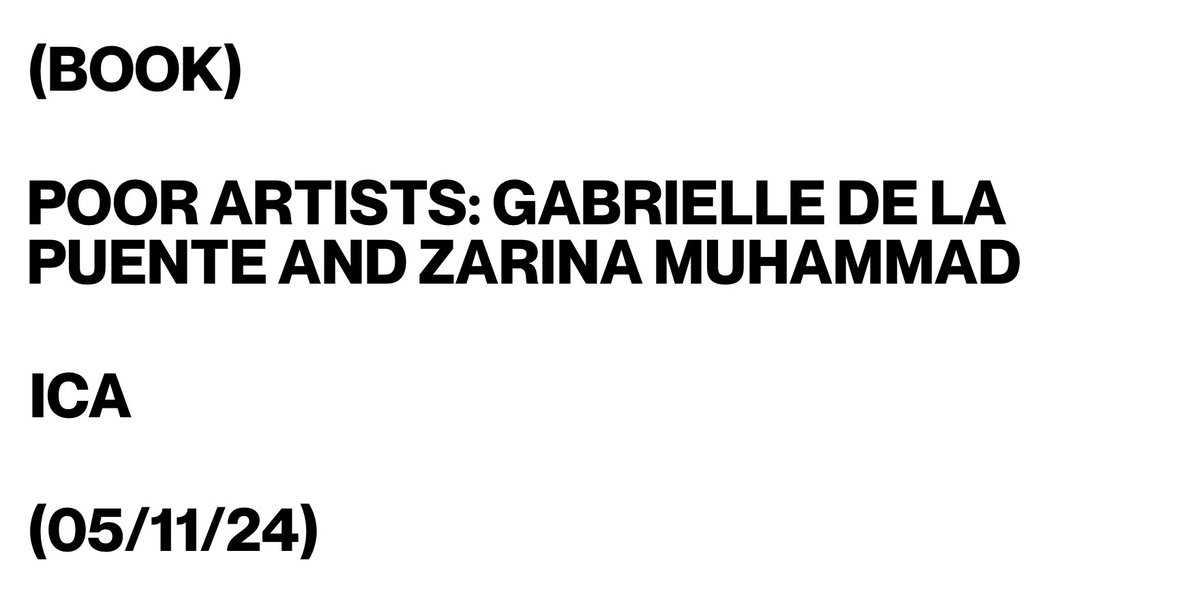 On Tuesday evening, Gabrielle de la Puente and <a href="/ZarinaMuhammad/">˗ˏˋ ᶻᵐ ˊˎ˗</a> of <a href="/TheWhitePube/">The White Pube</a> will join @abipalmer_bot to discuss their new book POOR ARTISTS in this talk at <a href="/ICALondon/">Institute of Contemporary Arts</a>.

Find out more: bit.ly/4eVZe1j