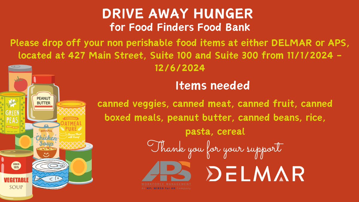Food Finders Food Bank serves over 84,000 people in our 16-county area who face hunger, including 22,000 children. That’s 1 in 7 of our neighbors and 1 in 6 children who struggle with food insecurity. 

Join us in stocking their shelves with non-perishable food items!
