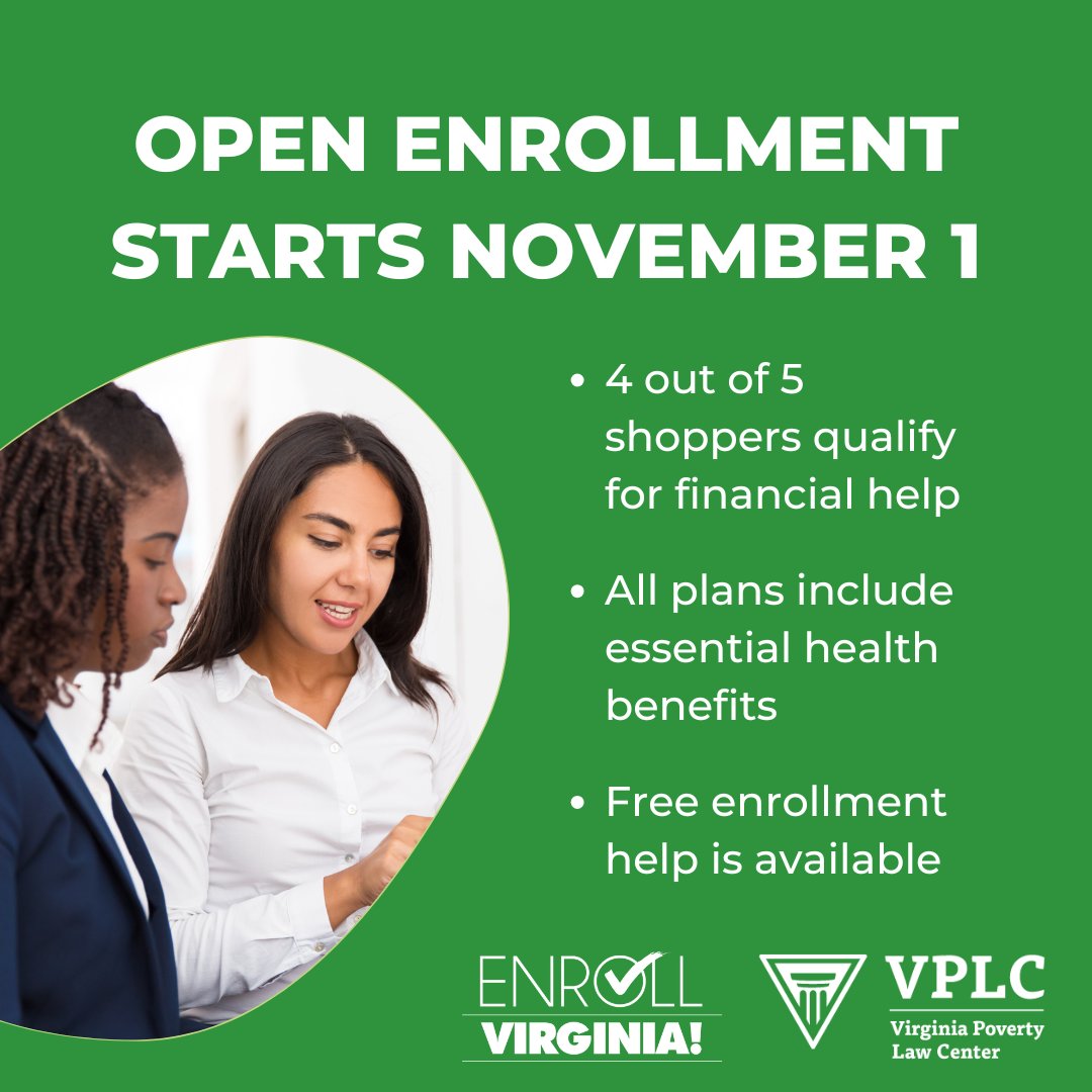 Open Enrollment on Virginia's Insurance Marketplace starts today! Compare plans, apply for coverage, and enroll all on marketplace.virginia.gov. 

For help reviewing your options, contact your local Enroll Virginia navigator. Make a free appointment: enrollva.org/get-help
