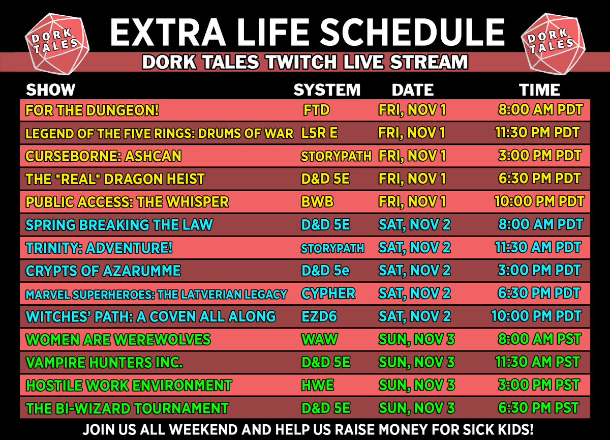 Good morning! It's Extra Life Weekend! Join us all weekend long as we raise critical funds for the Children's Miracle Network! You can watch us live starting at 8 AM Pacific today with For the Dungeon at twitch.tv/dorktales !