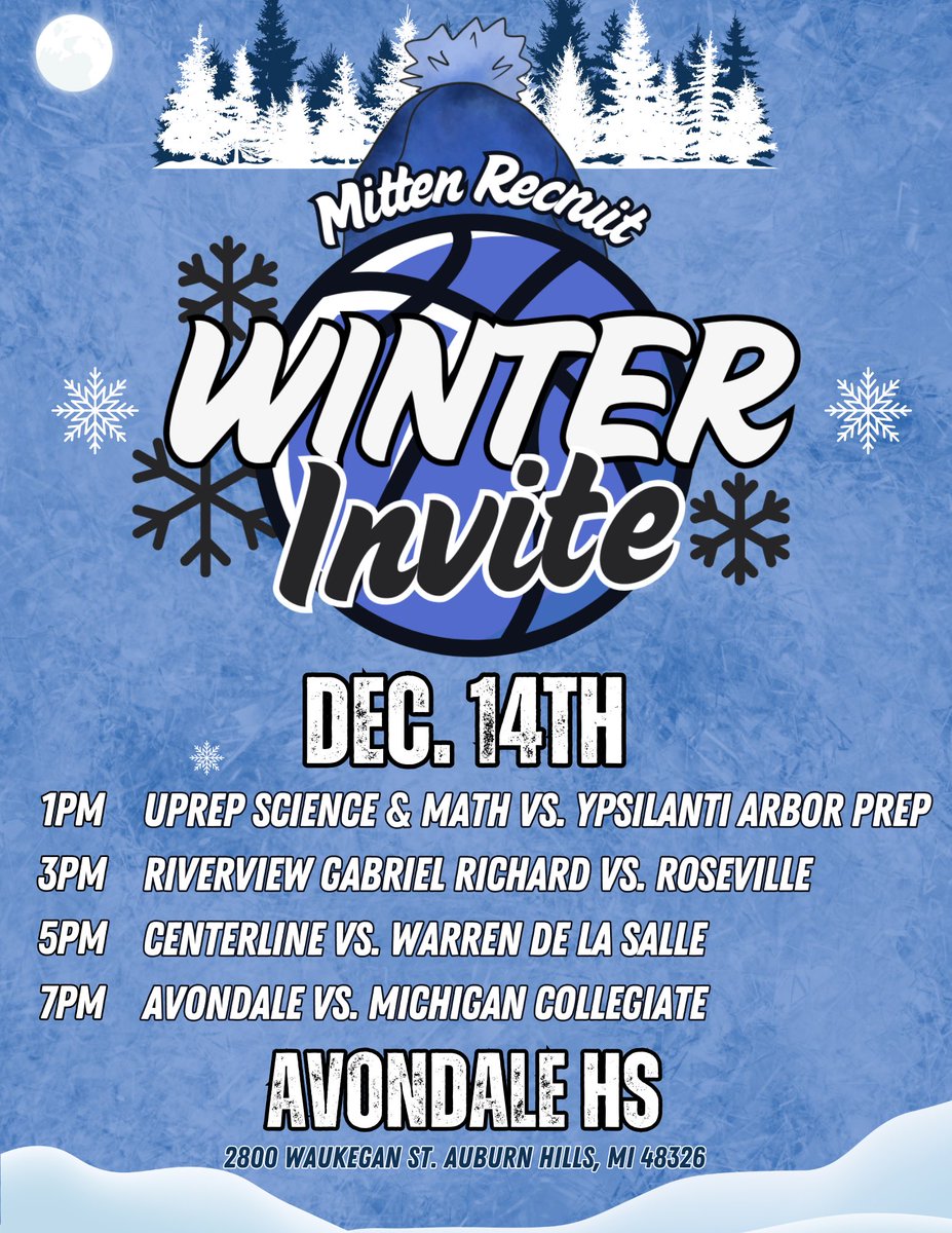 MittenRecruit's tweet photo. ❄️Winter Invite Lineup❄️
On December 14th at Avondale HS we are excited to host our Winter Invite!!! Our event will include some top up and coming programs/players and some known ones too!! Come out and support your squads!! #MittenRecruit #WinterInvite https://t.co/utHI1P1Zwq